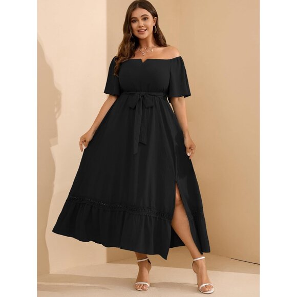 Women's Plus Size Maxi Dress Off Shoulder V Neck Wedding Guest Formal Dress - Picture 5 of 7